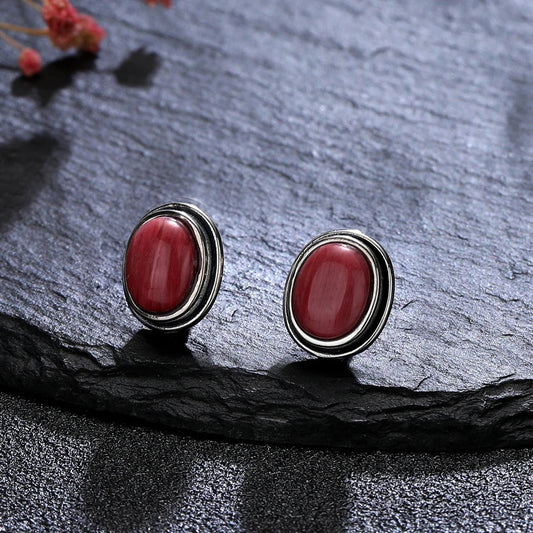 Vintage Silver Red Stud Earrings-Ariette Jewelry