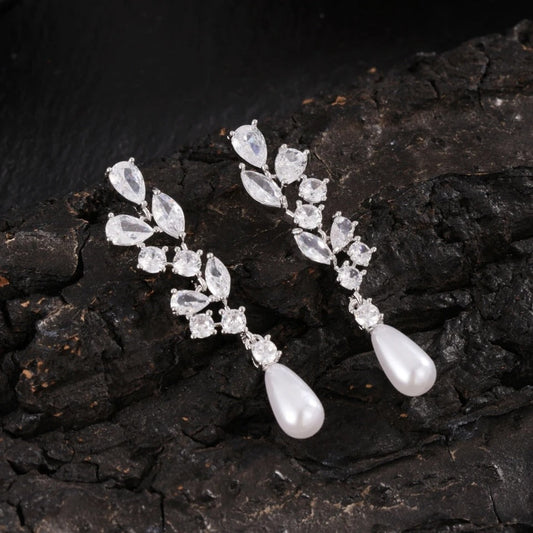 Classic Pearl Drop Leaf Dangle Earrings-Ariette Jewelry