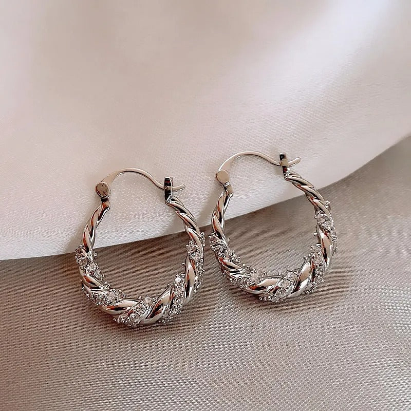 Vintage Twisted Crystal Silver Hoop Earrings-Ariette Jewelry
