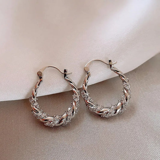 Vintage Twisted Crystal Silver Hoop Earrings-Ariette Jewelry