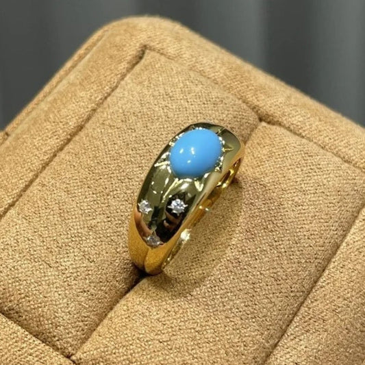 Vintage Diamond Inlay Turquoise Blue Shiny Adjustable Ring-Ariette Jewelry