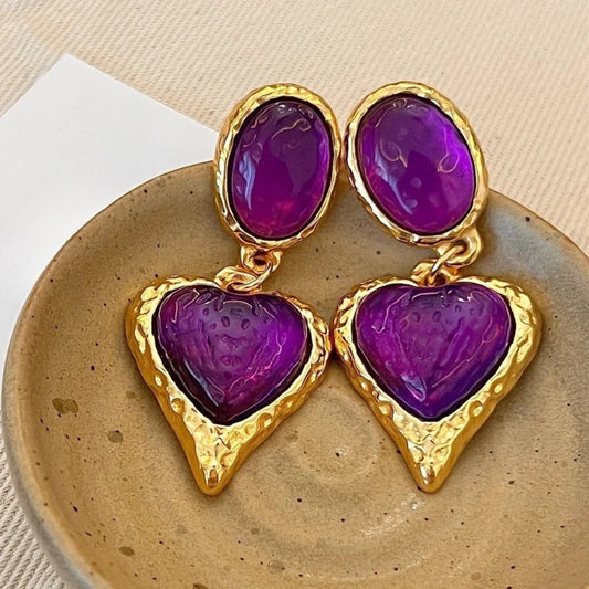 Classic Gold Purple Heart-Shaped Gemstone Earrings-Ariette Jewelry