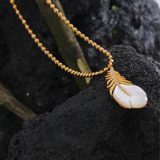 Vintage Gold Leafy Shell Drop Necklace-Ariette Jewelry