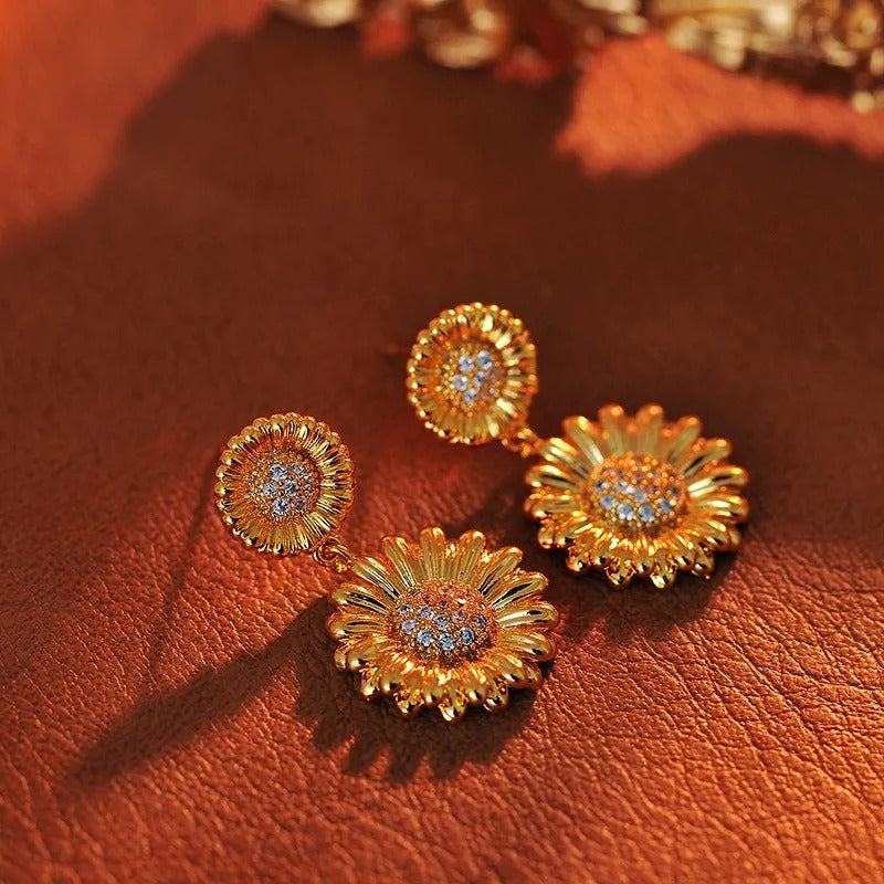 Vintage Gold Sunflower Drop Earrings-Ariette Jewelry
