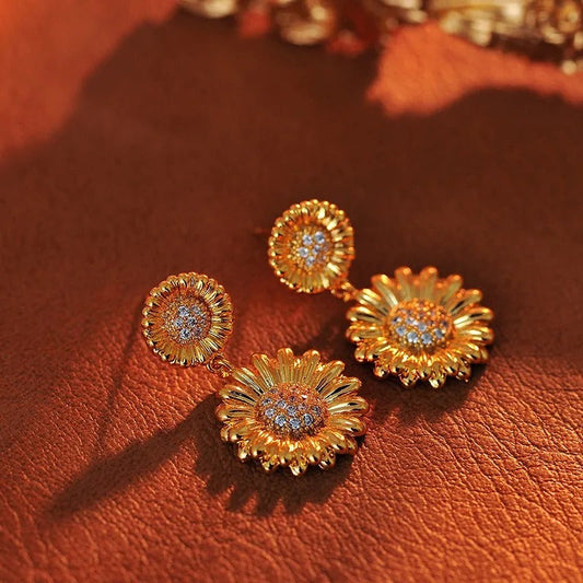 Vintage Gold Sunflower Drop Earrings-Ariette Jewelry
