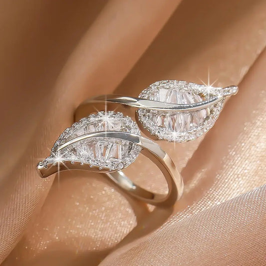 Vintage Silver Leaf Crystal Adjustable Ring-Ariette Jewelry