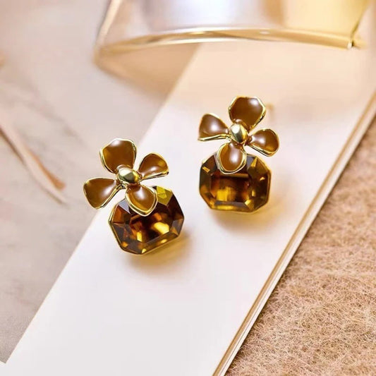 Vintage Brown Flower Crystal Pendant Earrings-Ariette Jewelry