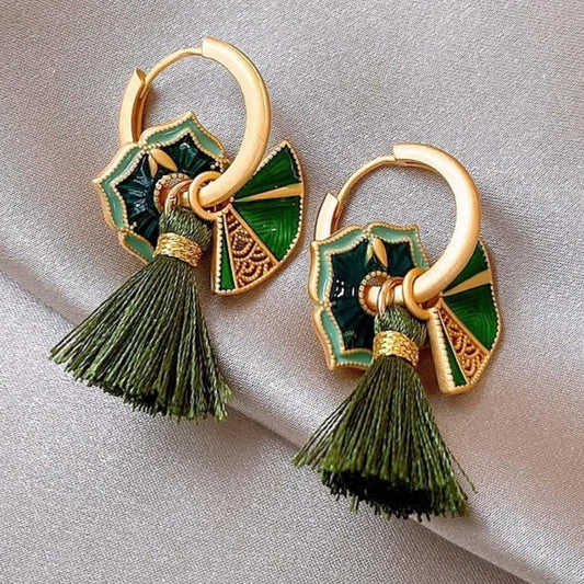 Vintage Gold & Green Floral Tassel Earrings-Ariette Jewelry