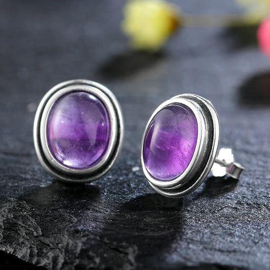 Vintage Silver Amethyst Stud Earrings-Ariette Jewelry