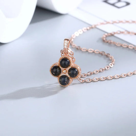 Vintage Blue Amber Clover Pendant Necklace-Ariette Jewelry