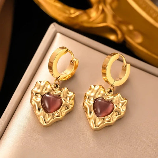 Gold Textured Heart Drop Earrings-Ariette Jewelry