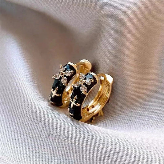 Vintage Gold & Black Enamel Flower Earrings-Ariette Jewelry