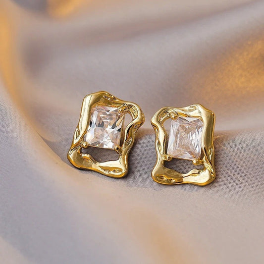 Vintage Gold & Crystal Square Earrings-Ariette Jewelry