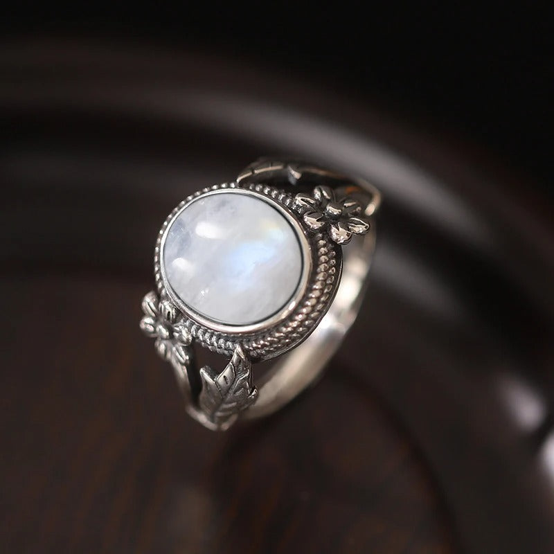Vintage Floral Moonstone Silver Ring-Ariette Jewelry