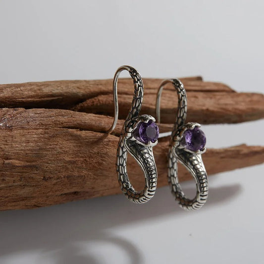 Vintage Silver Snake & Amethyst Earrings-Ariette Jewelry