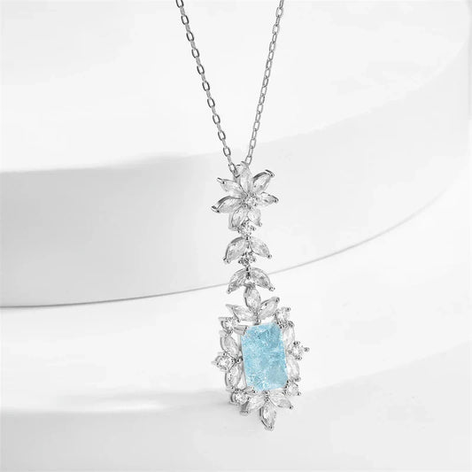 Vintage Ice Blue Floral Silver Necklace-Ariette Jewelry