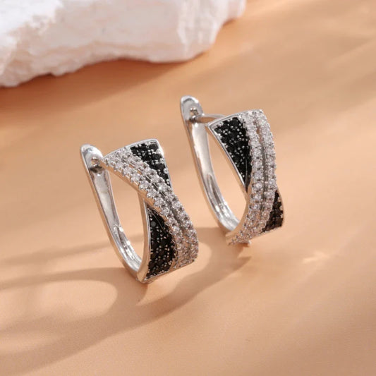 Vintage Black & Silver Crossover Hoop Earrings-Ariette Jewelry