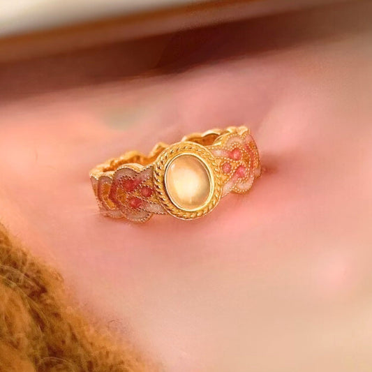 Vintage Gold & Unique Pink Crystal Oval Blossom Adjustable Ring-Ariette Jewelry