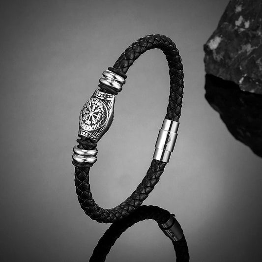Braided Black Viking Compass Leather Bracelet-Ariette Jewelry