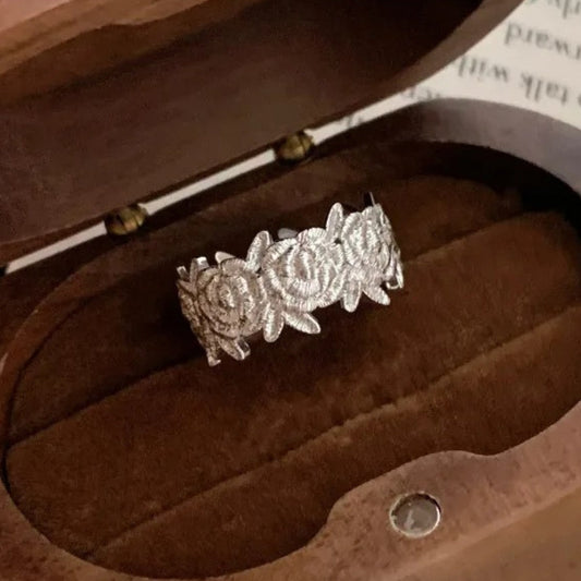 Classic Silver Rose Pattern Band Adjustable Ring-Ariette Jewelry
