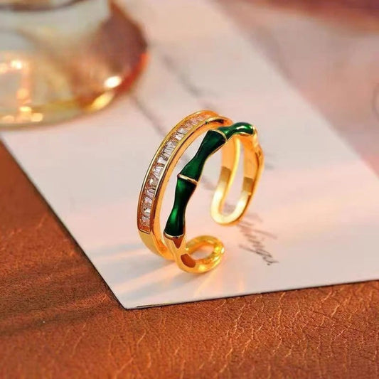 Double Layer Zircon Green Bamboo Shaped Adjustable Ring-Ariette Jewelry