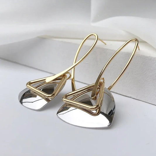 Retro Gold Triangular Silver Pendant & Curved Hook Earrings-Ariette Jewelry