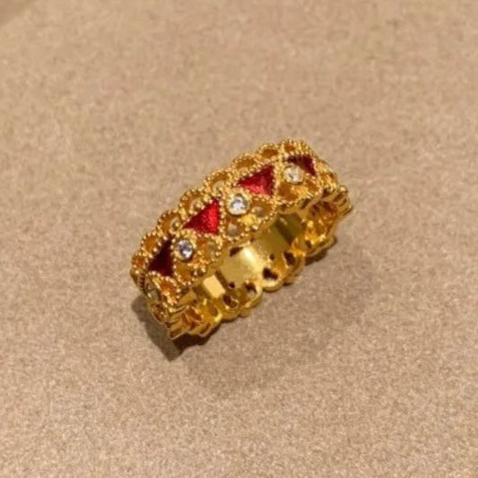 Vintage Gold Red Drip Glaze Crown Adjustable Ring-Ariette Jewelry
