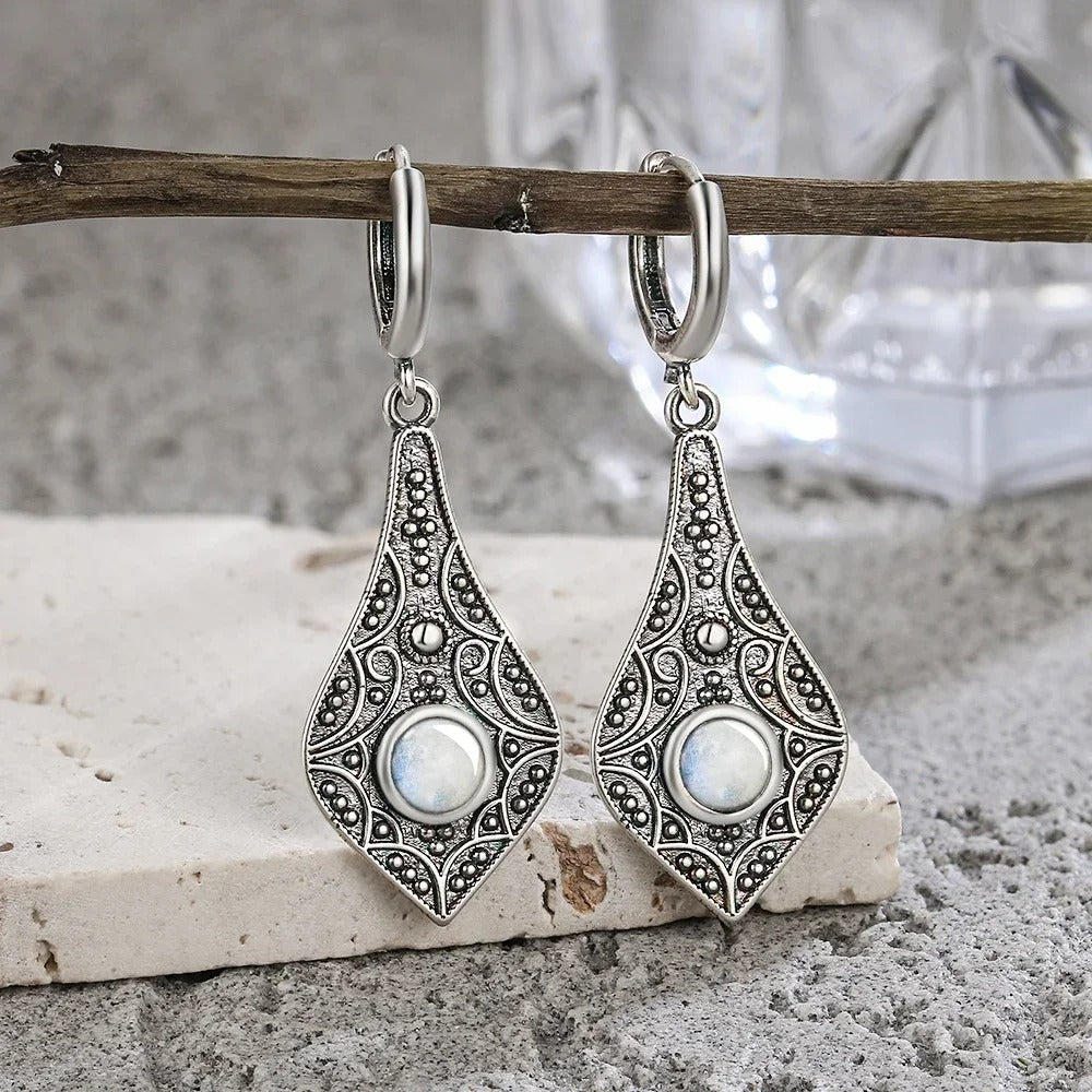 Vintage Silver Teardrop Moonstone Earrings-Ariette Jewelry