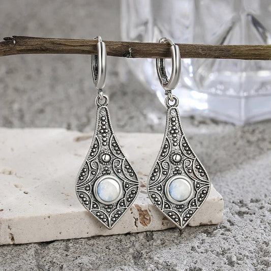Vintage Silver Teardrop Moonstone Earrings-Ariette Jewelry