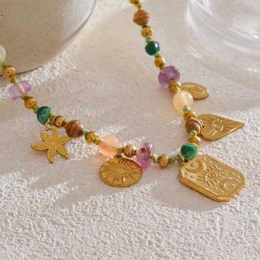 Vintage Gold Multi-Charm Beaded Necklace-Ariette Jewelry