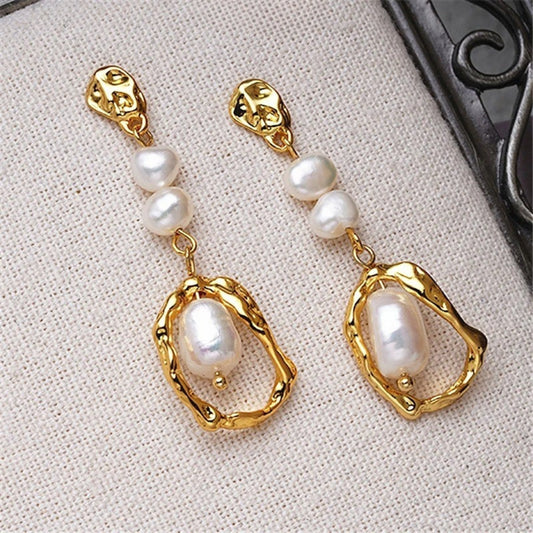Gold & Pearl Oval-Shaped Drop Earrings-Ariette Jewelry