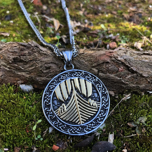 Engraved Nordic Ship Pendant Necklace-Ariette Jewelry