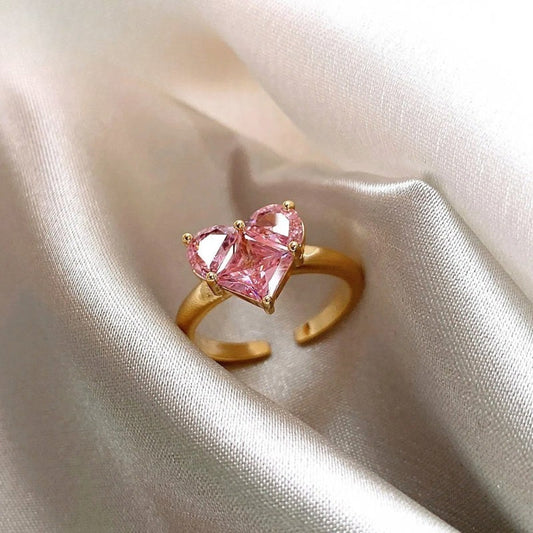 Vintage Gold Heart-Shaped Pink Gem Open Ring-Ariette Jewelry