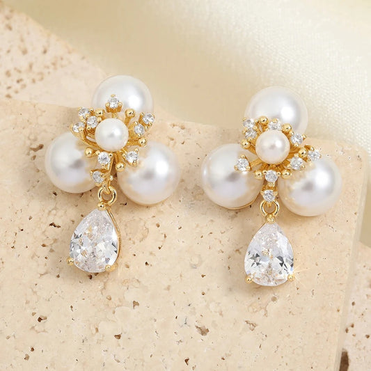Classic Pearl Flower Drop Earrings-Ariette Jewelry