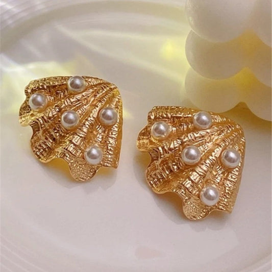 Vintage Gold Shell Pearl Earrings-Ariette Jewelry