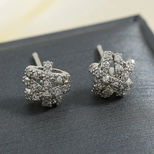 Vintage Geometric Crystal Silver Stud Earrings-Ariette Jewelry