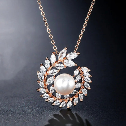 Rose Gold Wreath Pearl Pendant Necklace-Ariette Jewelry