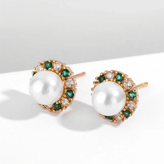 Vintage Green & White Pearl Stud Earrings-Ariette Jewelry
