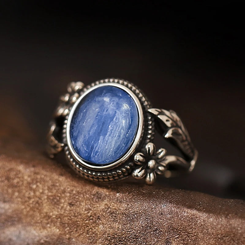 Vintage Floral Royal Blue Silver Ring-Ariette Jewelry