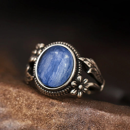 Vintage Floral Royal Blue Silver Ring-Ariette Jewelry