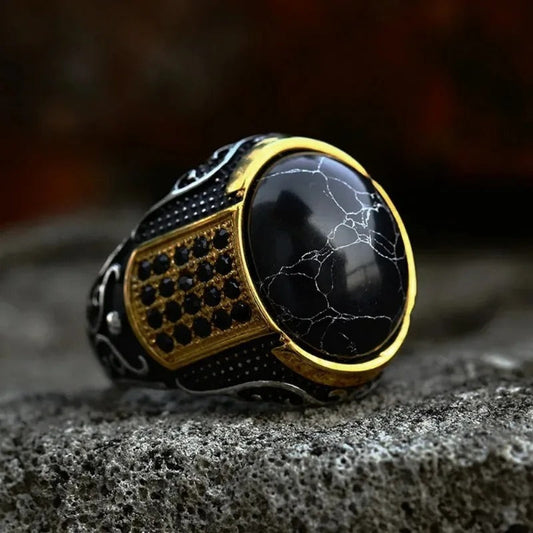Vintage Black Marble Gold Ring-Ariette Jewelry
