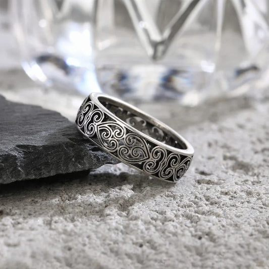 Silver Engraved Pattern Band Ring-Ariette Jewelry
