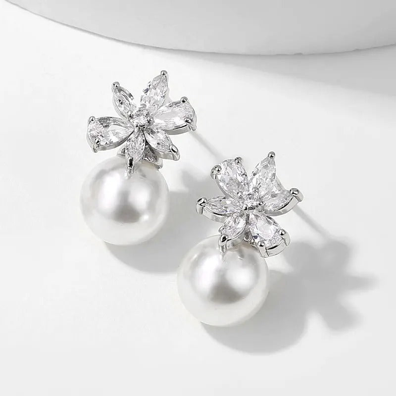 Vintage Silver Flower & Pearl Earrings-Ariette Jewelry