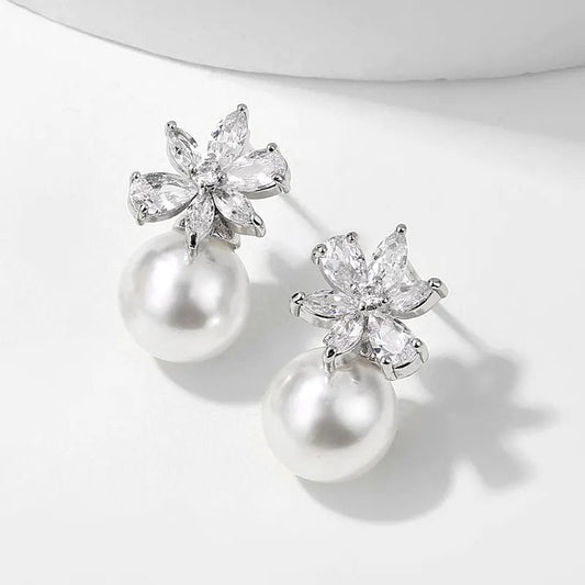 Vintage Silver Flower & Pearl Earrings-Ariette Jewelry
