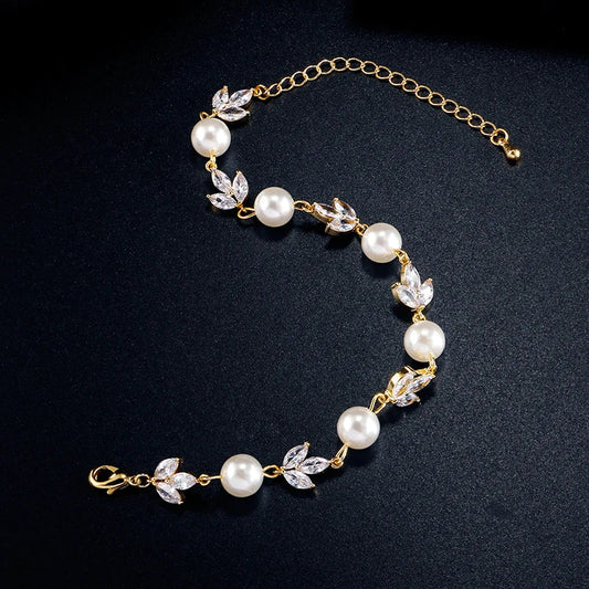 Vintage Pearl & Leaf Gold Bracelet-Ariette Jewelry