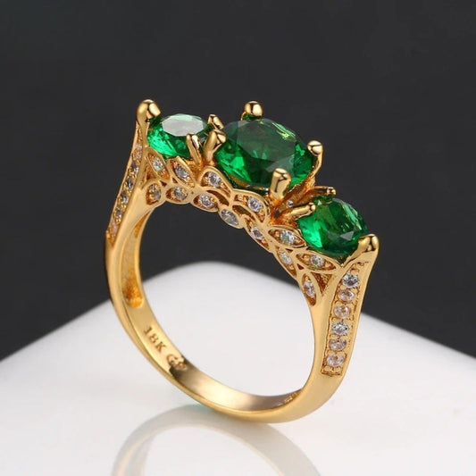 Classic Gold Three-Green Gem & Silver Accent Ring-Ariette Jewelry