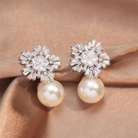 Vintage Snowflake Pearl Drop Earrings-Ariette Jewelry