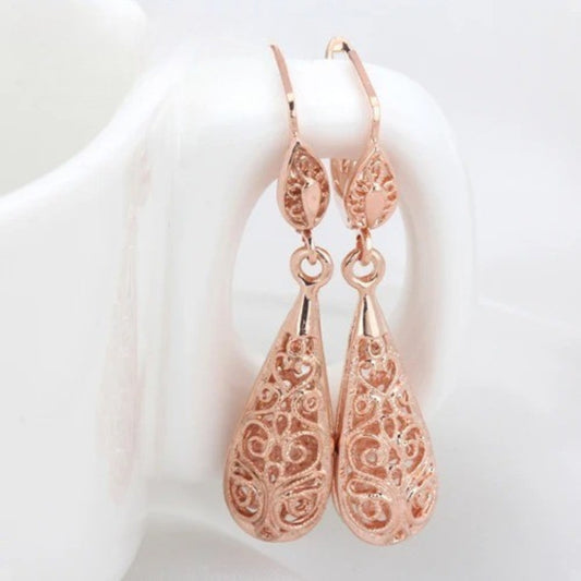 Vintage Rose Gold Scrollwork Filigree Teardrop Earrings-Ariette Jewelry