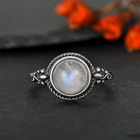 Vintage Silver Round Moonstone Ring-Ariette Jewelry