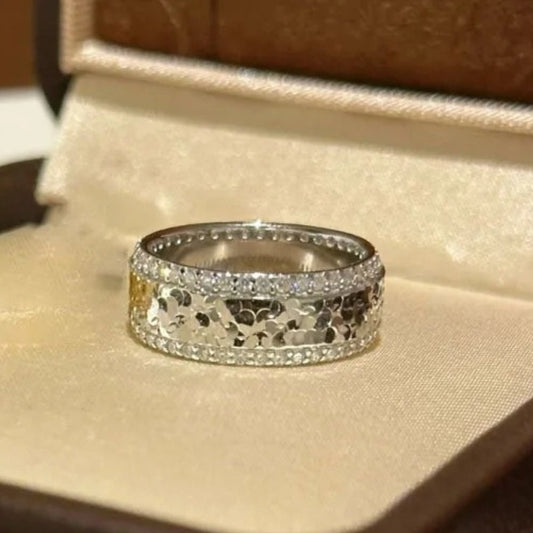 Classic Silver & Diamond Studded Sequin Crushed Ice Ring-Ariette Jewelry